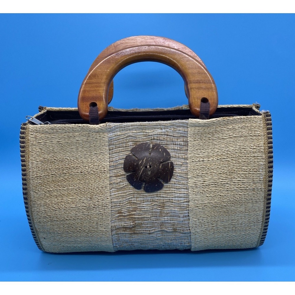 Vintage 60s Woven Bamboo Straw Wood Top Handle Handbag Coconut Shell Button